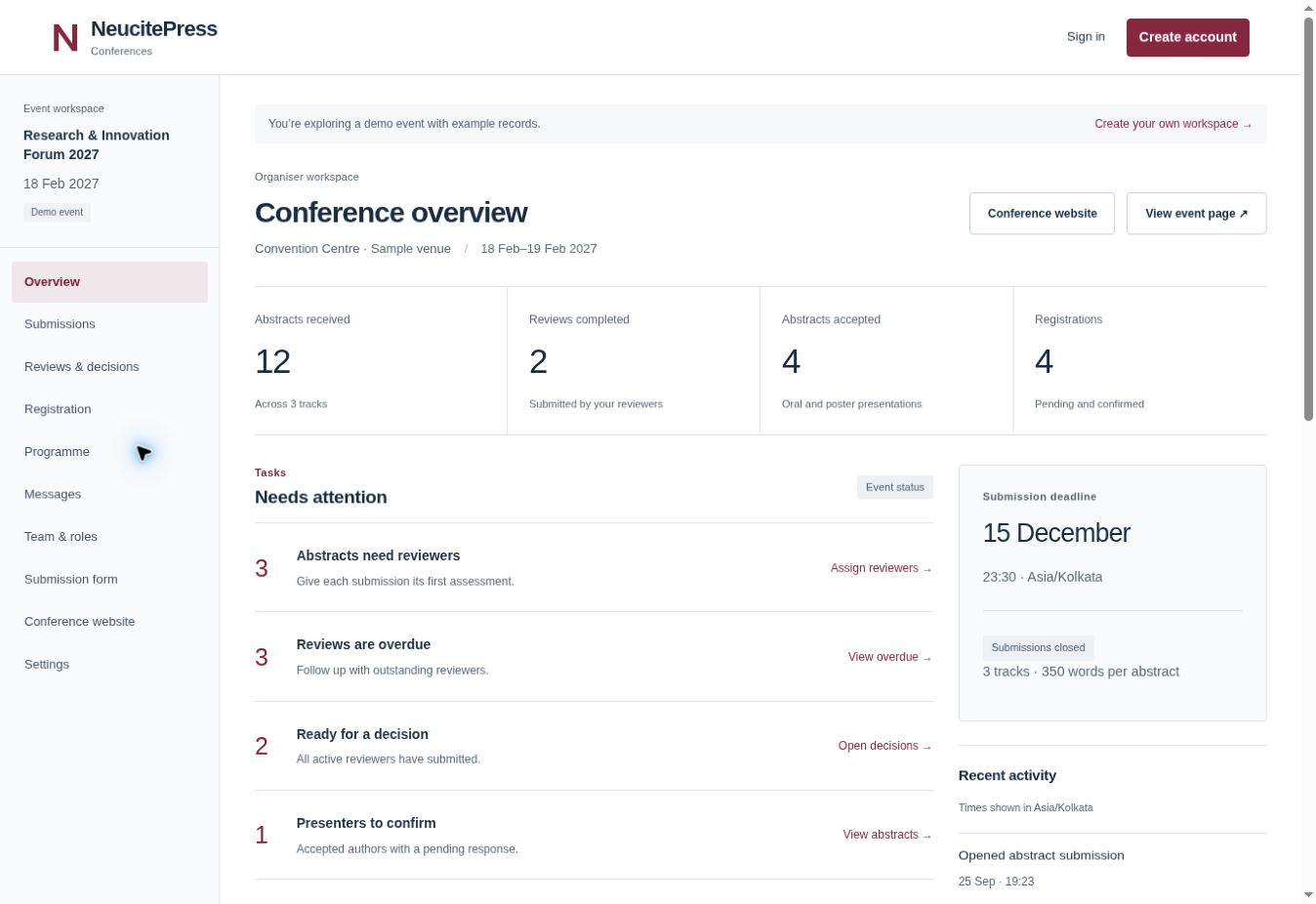 The demo organiser dashboard, with submission counts, outstanding reviews and next actions.